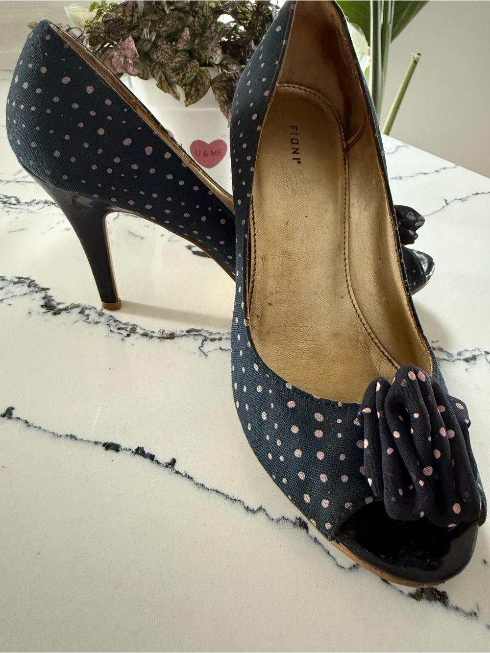 FIONI Clothing Navy Peep-Toe Heels with Pink Polka Dots and Bow
